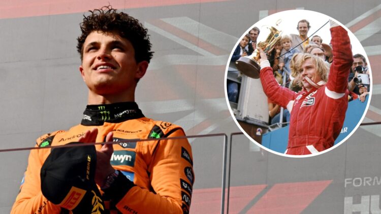 McLaren driver Lando Norris celebrates on the 2025 F1 Hungarian Grand Prix podium with an inset of 1976 Dutch GP winner James Hunt
