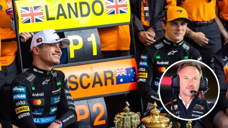 McLaren drivers Lando Norris and Oscar Piastri celebrating a one-two in the 2025 F1 British Grand Prix with an inset of Christian Horner