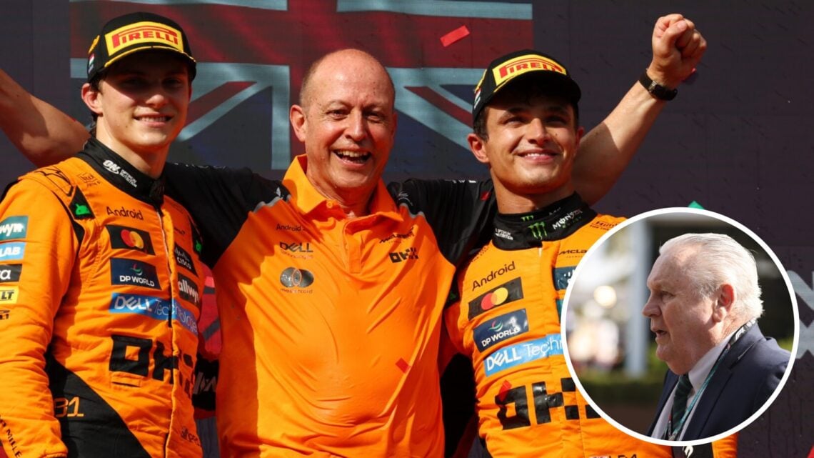 Oscar Piastri and Lando Norris of McLaren celebrate on the 2025 F1 Hungarian Grand Prix podium with an inset of 1980 champion Alan Jones