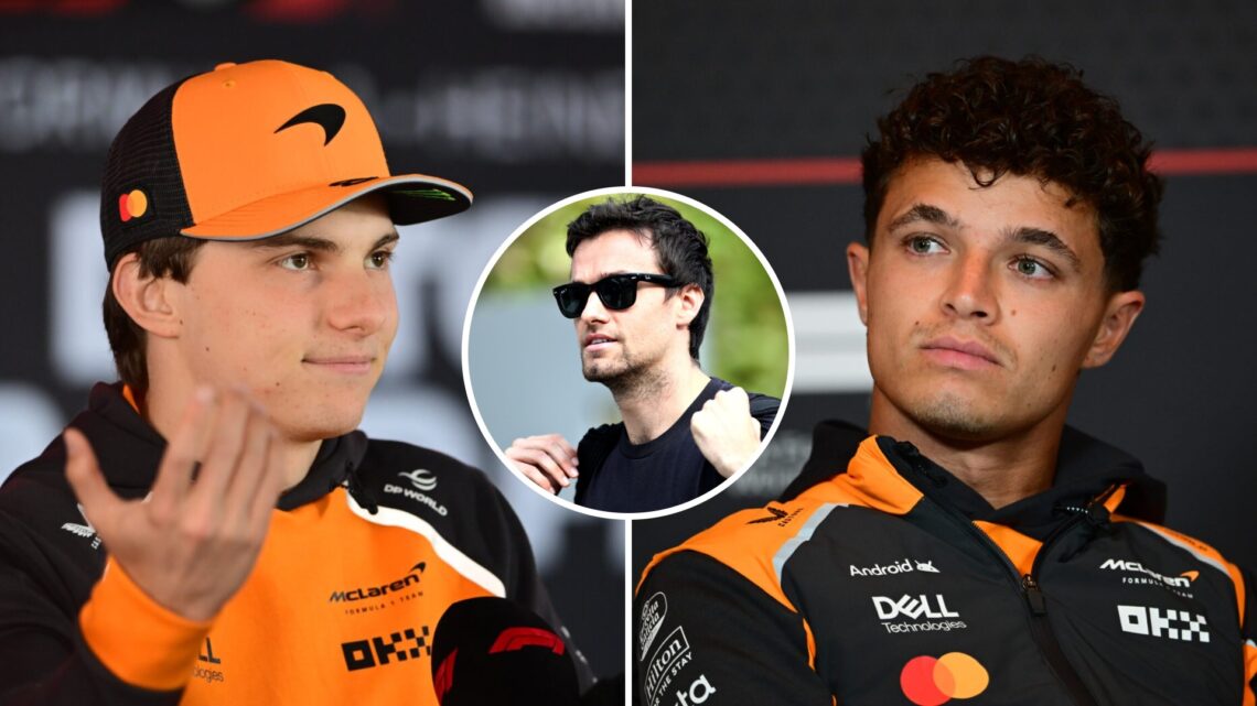 McLaren drivers Oscar Piastri and Lando Norris speak to the media at Zandvoort ahead of the 2025 F1 Dutch Grand Prix with an inset of Jolyon Palmer