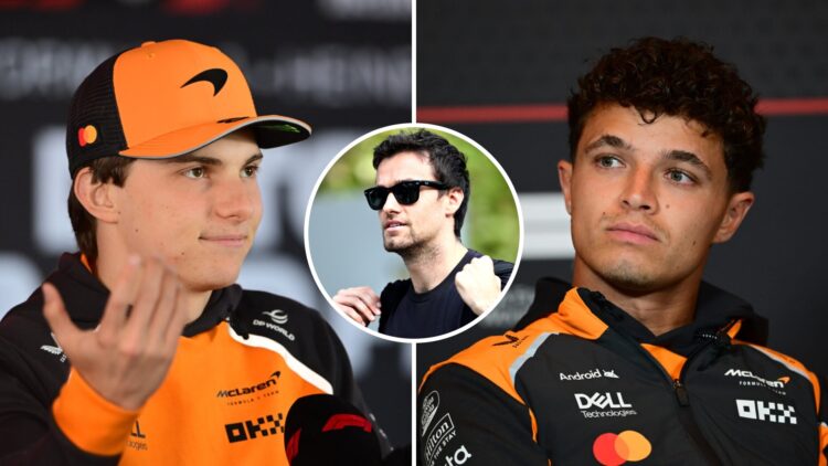 McLaren drivers Oscar Piastri and Lando Norris speak to the media at Zandvoort ahead of the 2025 F1 Dutch Grand Prix with an inset of Jolyon Palmer