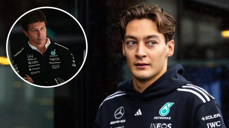 Mercedes driver George Russell in the Zandvoort paddock before qualifying for the 2025 F1 Dutch Grand Prix with an inset of Toto Wolff