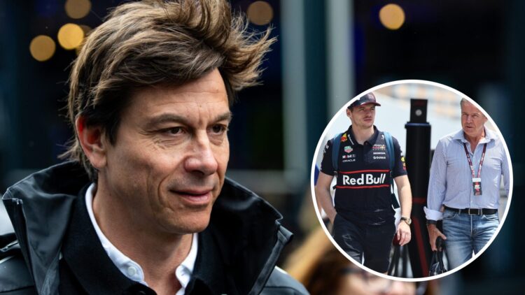 Mercedes team principal Toto Wolff in the 2025 F1 Dutch Grand Prix paddock with an inset of Red Bull driver Max Verstappen and his manager Raymond ...