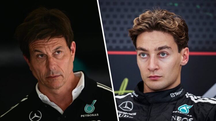 Mercedes team principal Toto Wolff in the garage during the F1 Sprint at the 2025 Belgian Grand Prix and George Russell in the Hungarian GP press c...