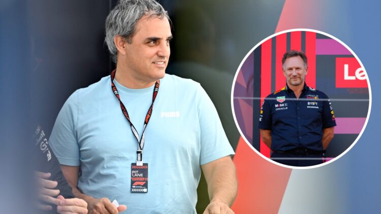 Juan Pablo Montoya looks on in the F1 paddock; inset of Christian Horner standing on the podium for Red Bull