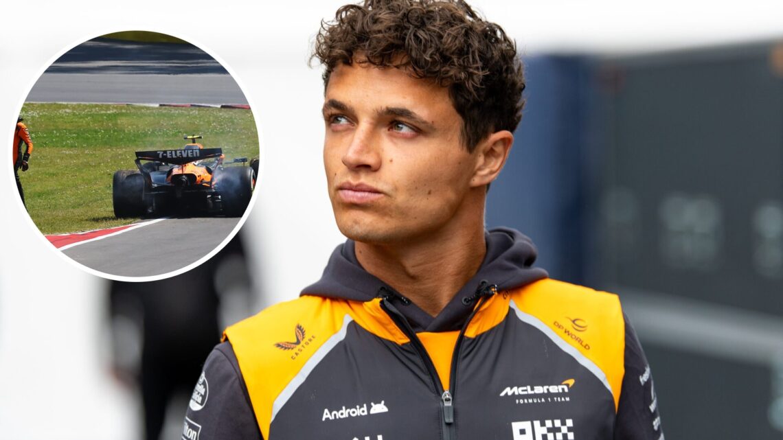 McLaren driver Lando Norris in the paddock at the 2025 Belgian Grand Prix, inset Lando Norris' crash in Montreal