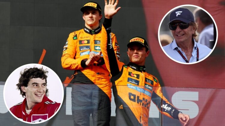 Lando Norris and Oscar Piastri on the podium at the 2025 Hungarian Grand Prix, insets Ayrton Senna and Emerson Fittipaldi