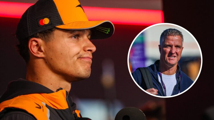 Lando Norris of McLaren looks dejected in an interview; inset of Ralf Schumacher