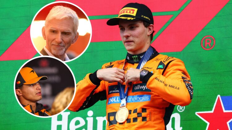 McLaren driver Oscar Piastri on the podium at the Dutch Grand Prix, inset, Damon Hill and McLaren driver Lando Norris