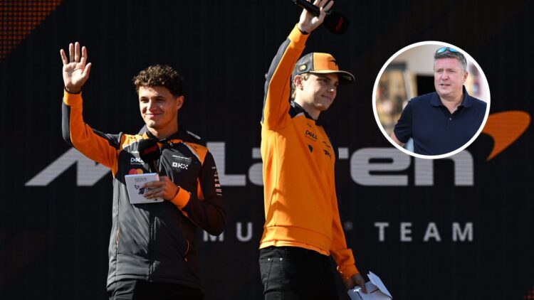 Oscar Piastri and Lando Norris waving to fans at the Dutch Grand Prix with David Croft walking through the F1 paddock in the overlay image