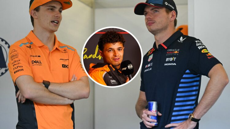 Oscar Piastri and Max Verstappen chatting before a Formula 1 session with Lando Norris talking in a press conference in the overlay image