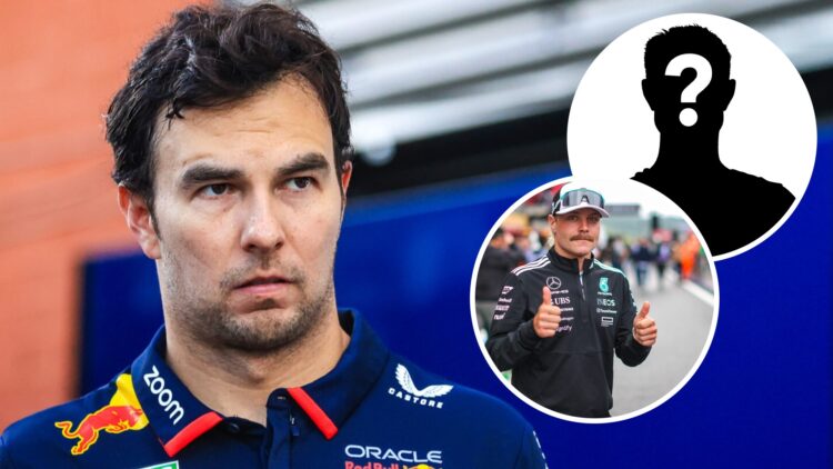 Red Bull driver Sergio Perez in the Spa paddock at the 2024 F1 Belgian Grand Prix with insets of Valtteri Bottas and a mystery person