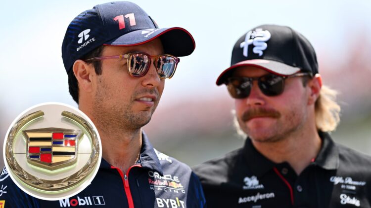 Sergio Perez and Valtteri Bottas pictured at the 2023 Hungarian Grand Prix, inset Cadillac logo