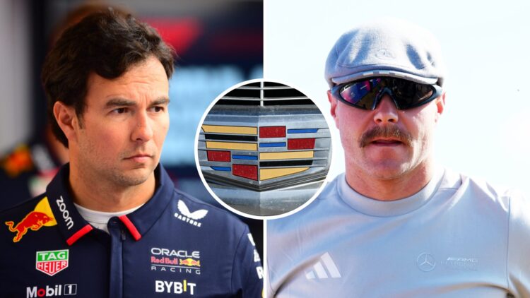 Split image of Sergio Perez (L) and Mercedes reserve driver Valtteri Bottas (R), inset Cadillac logo