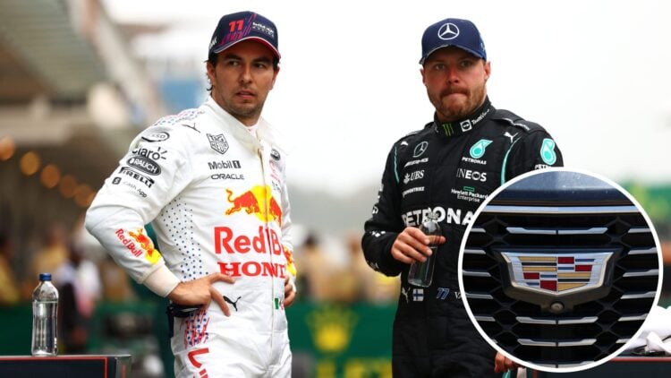 Sergio Perez and Valtteri Bottas pictured at the 2021 Turkish Grand Prix, inset Cadillac logo