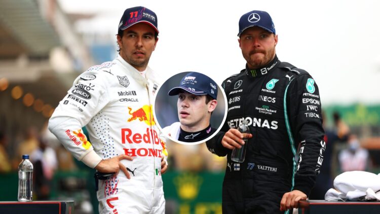 Sergio Perez and Valtteri Bottas speak in parc ferme; inset of Alpine driver Franco Colapinto