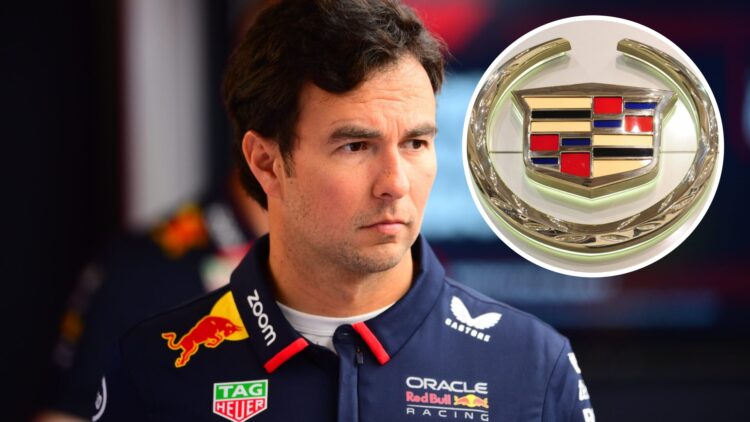 Sergio Perez stands in the Red Bull F1 garage at the 2024 Monaco Grand Prix, inset Cadillac logo