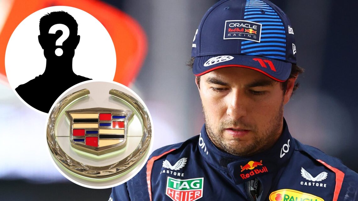 Sergio Perez reacts after qualifying for the 2024 F1 Qatar Grand Prix with insets of the Cadillac logo and a mystery person