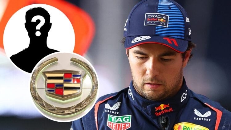 Sergio Perez reacts after qualifying for the 2024 F1 Qatar Grand Prix with insets of the Cadillac logo and a mystery person