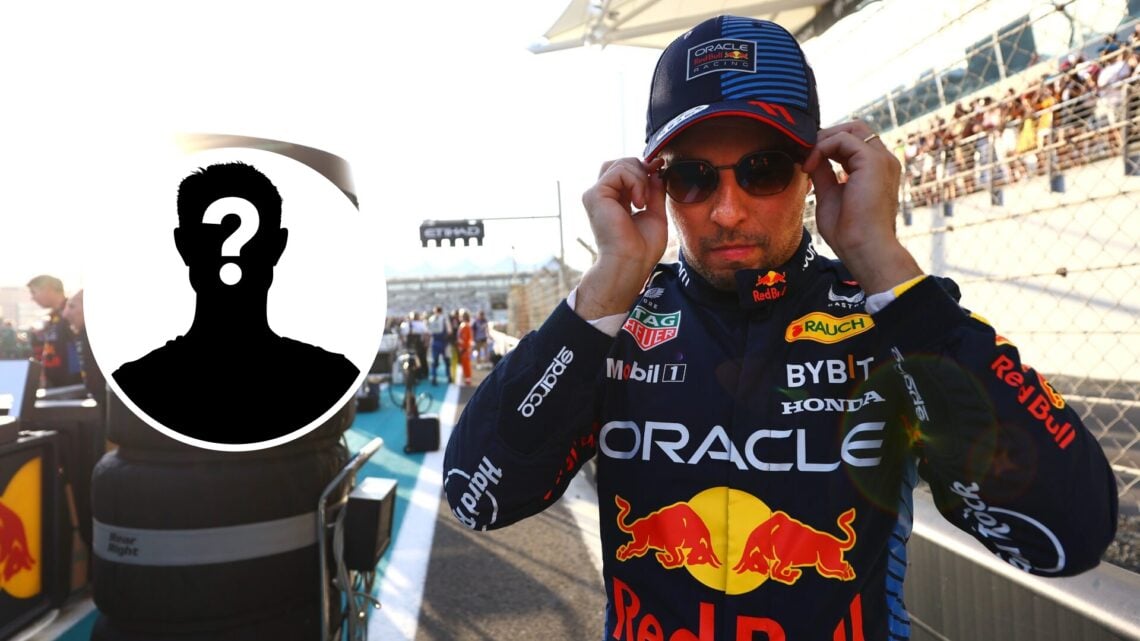 Sergio Perez prepares for an F1 race for Red Bull; inset of a mystery driver