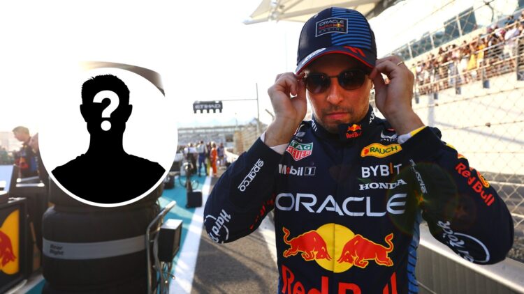 Sergio Perez prepares for an F1 race for Red Bull; inset of a mystery driver