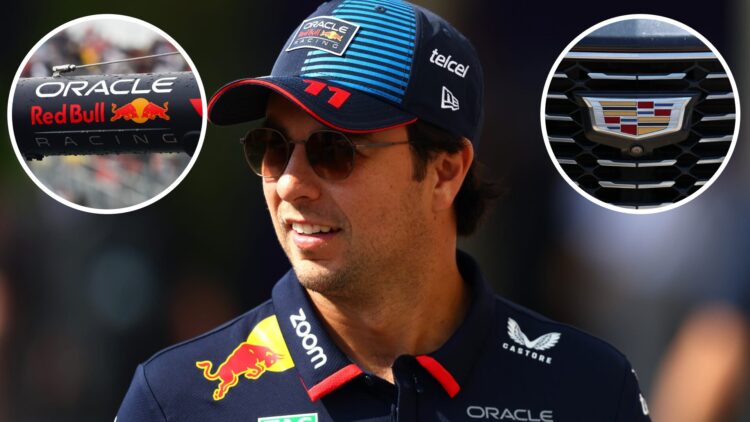 Sergio Perez of Red Bull at the 2024 Abu Dhabi Grand Prix, insets Red Bull and Cadillac logos