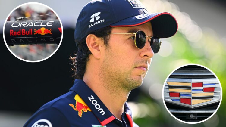 Sergio Perez driving for Red Bull at the 2024 Singapore Grand Prix, insets Red Bull and Cadillac logos