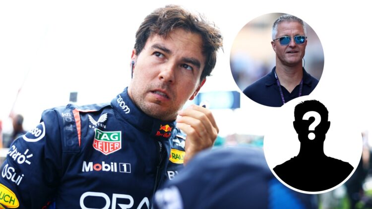 Red Bull Racing driver Sergio Perez at the 2024 Dutch Grand Prix, insets Ralf Schumacher and Mystery