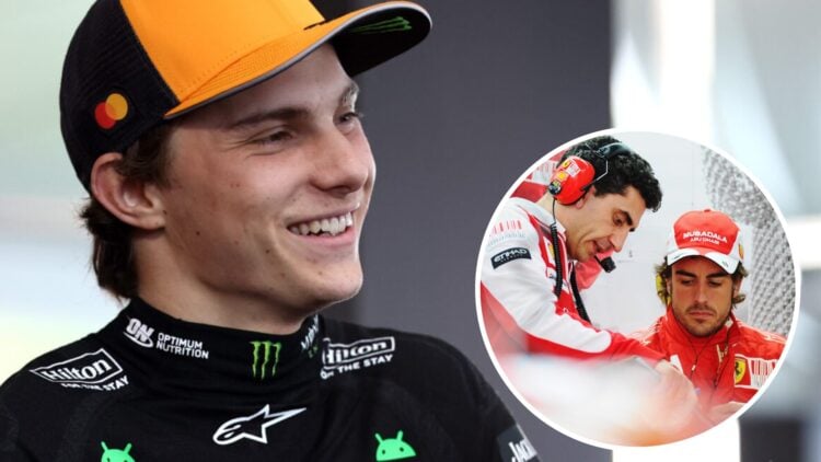 McLaren driver Oscar Piastri speaks to the media at the 2025 F1 Canadian Grand Prix with an inset of Andrea Stella and Fernando Alonso
