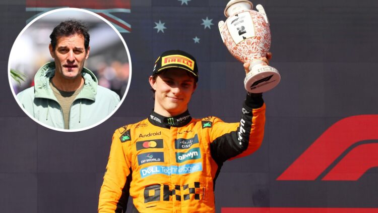 Oscar Piastri of McLaren lifts a trophy on the podium at the 2025 Hungarian Grand Prix, inset Mark Webber