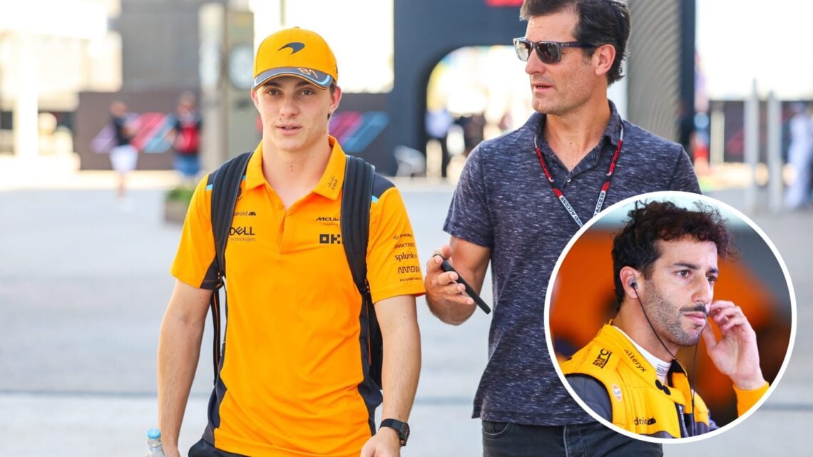 McLaren driver Oscar Piastri and manager Mark Webber at the 2023 F1 Qatar Grand Prix, inset Daniel Ricciardo