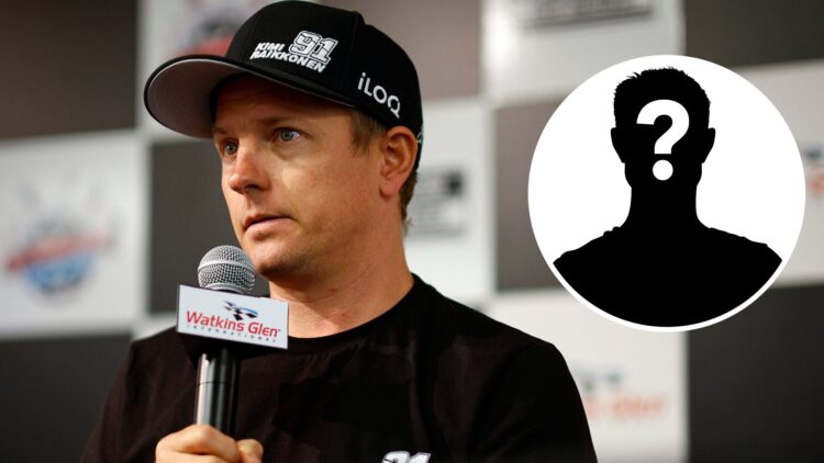 F1 legend Kimi Raikkonen speaks in a press conference; inset of a mystery driver
