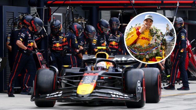 Red Bull driver Yuki Tsunoda leaving the pit lane at the 2025 Formula 1 Hungarian Grand Prix with Alex Palou celebrating his Indy 500 win in 2025 i...
