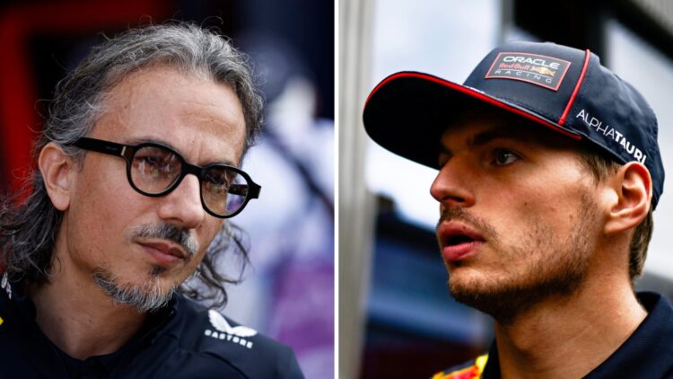 Red Bull team principal Laurent Mekies at the 2025 F1 Belgian GP and Max Verstappen in the Hungarian Grand Prix paddock