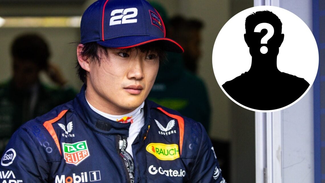 Red Bull driver Yuki Tsunoda leaves the FIA garage at the 2025 F1 Belgian Grand Prix with a mystery person inset