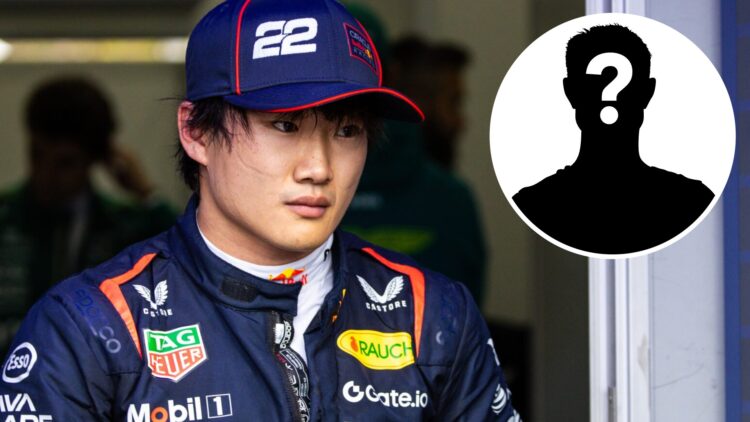 Red Bull driver Yuki Tsunoda leaves the FIA garage at the 2025 F1 Belgian Grand Prix with a mystery person inset