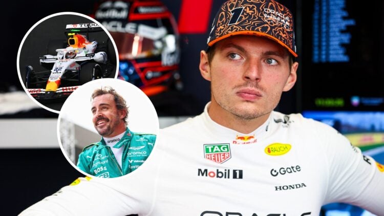 Max Verstappen in the Red Bull garage at the 2025 F1 Dutch Grand Prix with insets of Fernando Alonso and Yuki Tsunoda