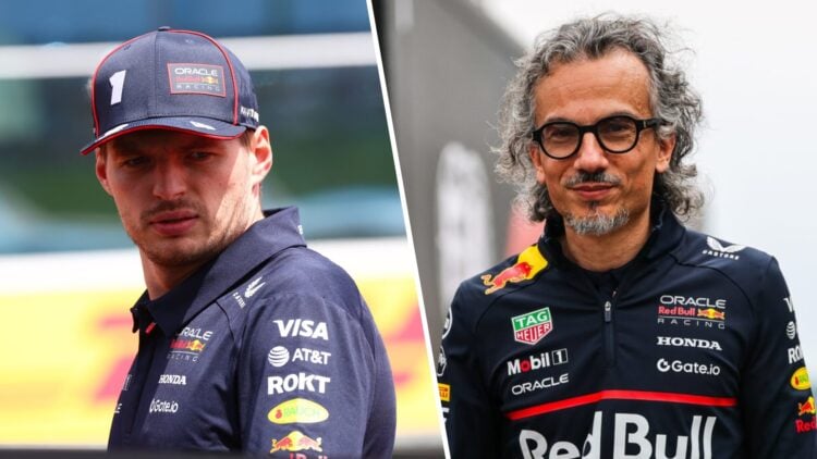 Max Verstappen in the 2025 F1 Hungarian Grand Prix drivers' parada and Red Bull team principal Laurent Mekies in Belgium