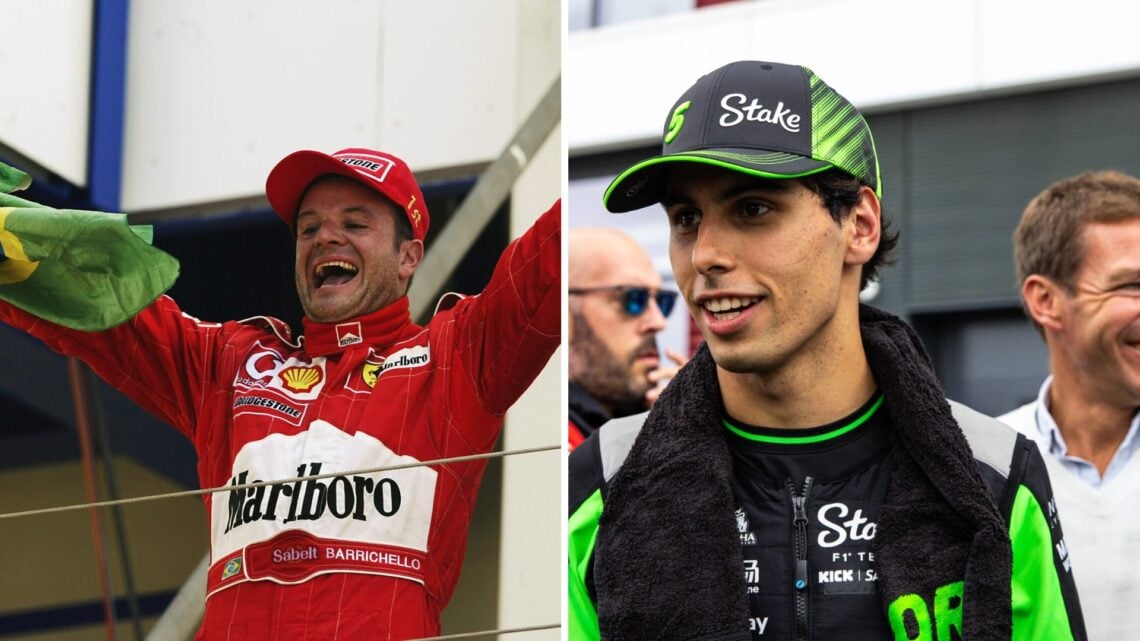 Ferrari driver Rubens Barrichello (left) celebrating with a Brazil flag, Sauber driver Gabriel Bortoleto (right) at the Hungarian Grand Prix