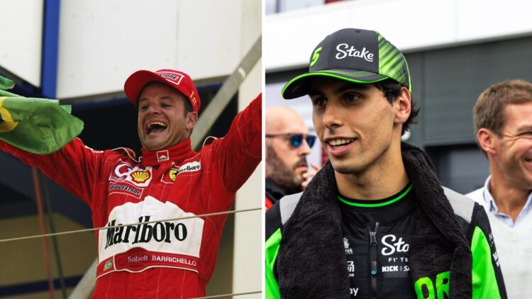 Ferrari driver Rubens Barrichello (left) celebrating with a Brazil flag, Sauber driver Gabriel Bortoleto (right) at the Hungarian Grand Prix