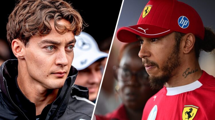 George Russell of Mercedes before the 2025 F1 Belgian Grand Prix drivers parade and Lewis Hamilton of Ferrari speaks to the media at the Hungarian GP
