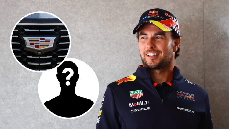 Red Bull Racing driver Sergio Perez at the Chinese Grand Prix, inset, Cadillac logo