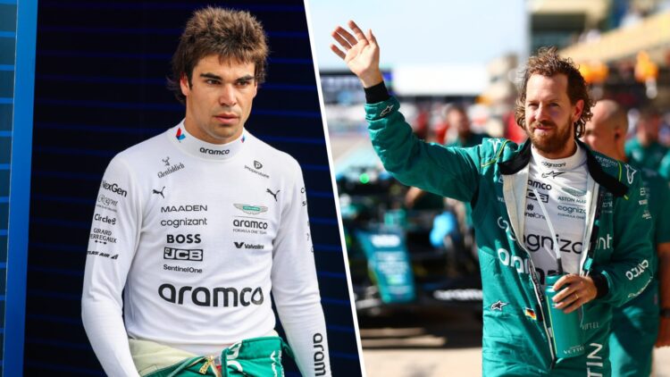 Split image of Aston Martin driver Lance Stroll (L) at the 2025 Spanish Grand Prix and Sebastian Vettel (R)
