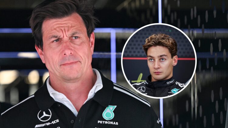 Mercedes team principal Toto Wolff at the Canadian Grand Prix, inset, Mercedes driver George Russell