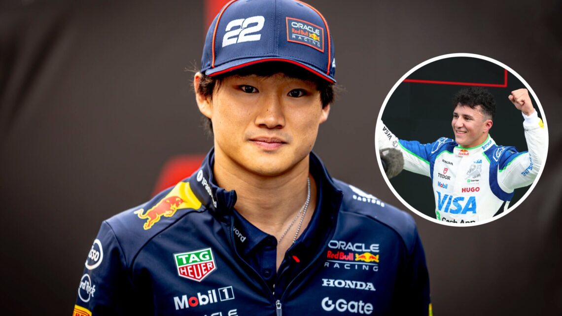 Yuki Tsunoda of Red Bull looks on in the F1 paddock; inset of Racing Bulls driver Isack Hadjar