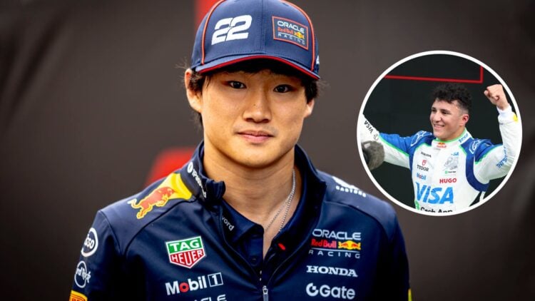 Yuki Tsunoda of Red Bull looks on in the F1 paddock; inset of Racing Bulls driver Isack Hadjar