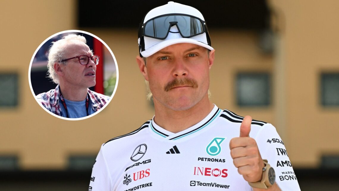 Mercedes reserve driver Valtteri Bottas in the 2025 F1 Bahrain Grand Prix paddock with Jacques Villeneuve looking past the camera in the overlay image