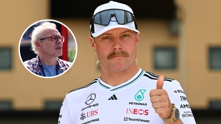 Mercedes reserve driver Valtteri Bottas in the 2025 F1 Bahrain Grand Prix paddock with Jacques Villeneuve looking past the camera in the overlay image