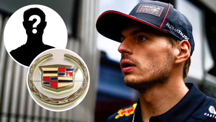 Red Bull driver Max Verstappen in the 2025 F1 Hungarian Grand Prix paddock with an inset of the Cadillac logo and a mystery person
