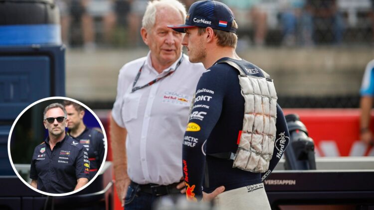 Max Verstappen of Red Bull speaks to Helmut Marko on the F1 grid; inset of Christian Horner
